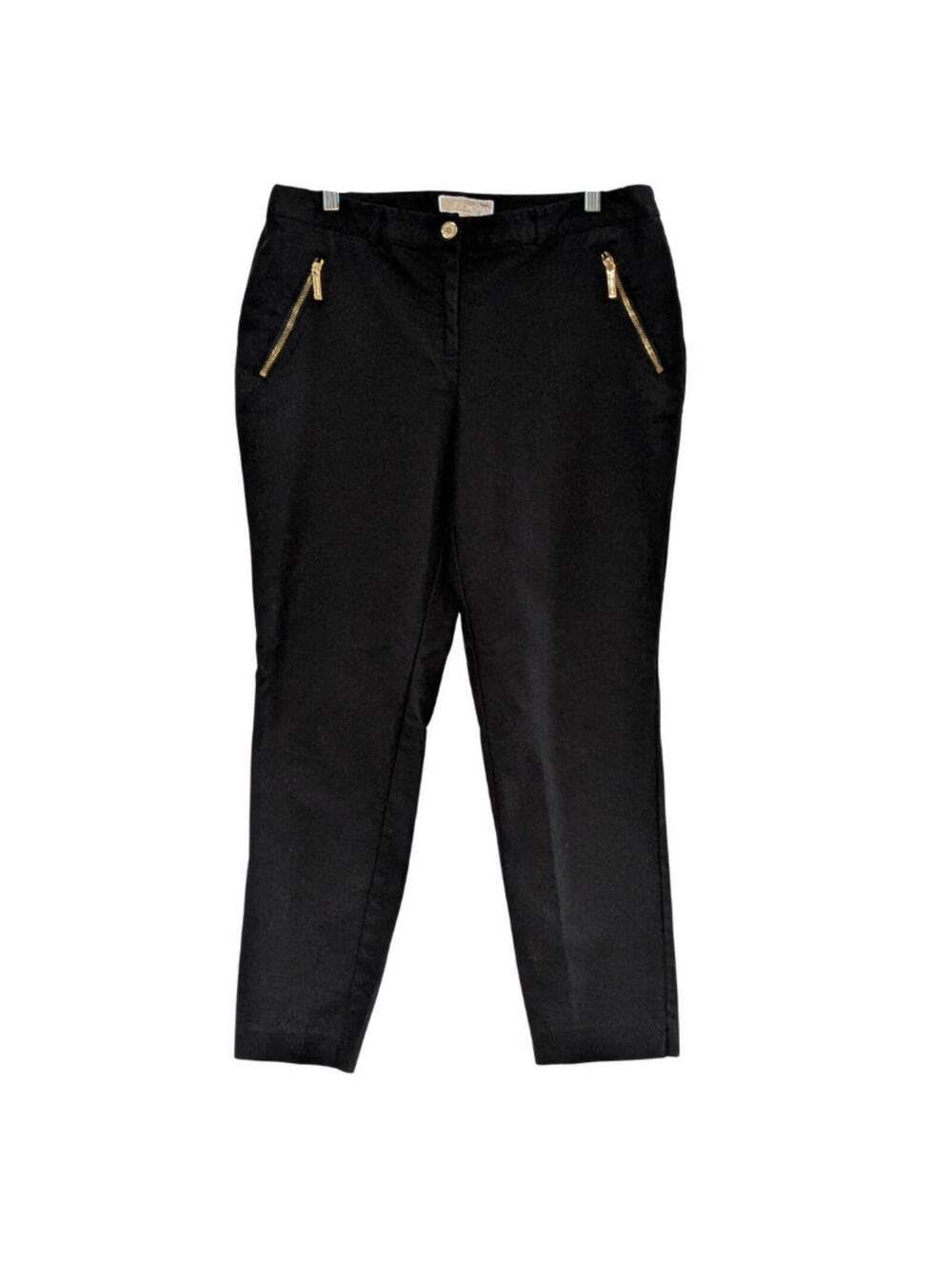 Michael Kors Women's Chino Pants Gold Zipper Pockets Black Size 12, Cotton Blend